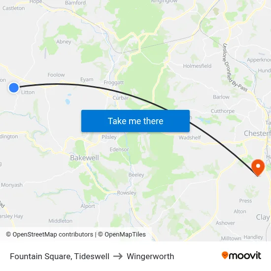 Fountain Square, Tideswell to Wingerworth map