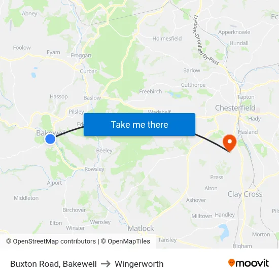 Buxton Road, Bakewell to Wingerworth map
