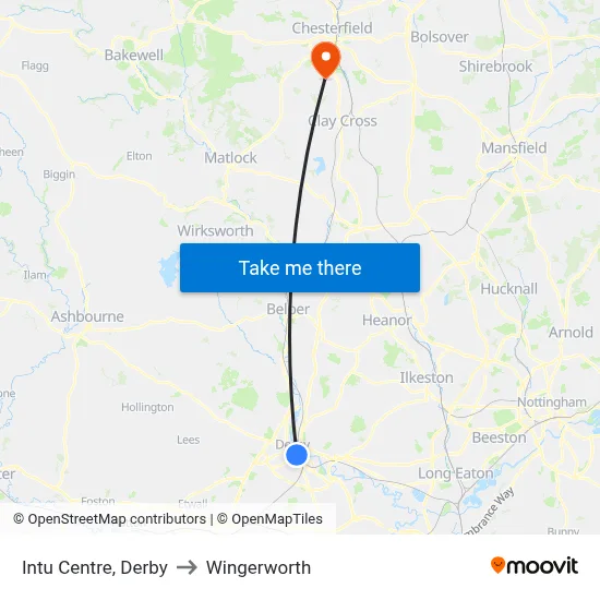 Intu Centre, Derby to Wingerworth map