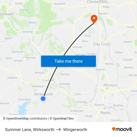 Summer Lane, Wirksworth to Wingerworth map