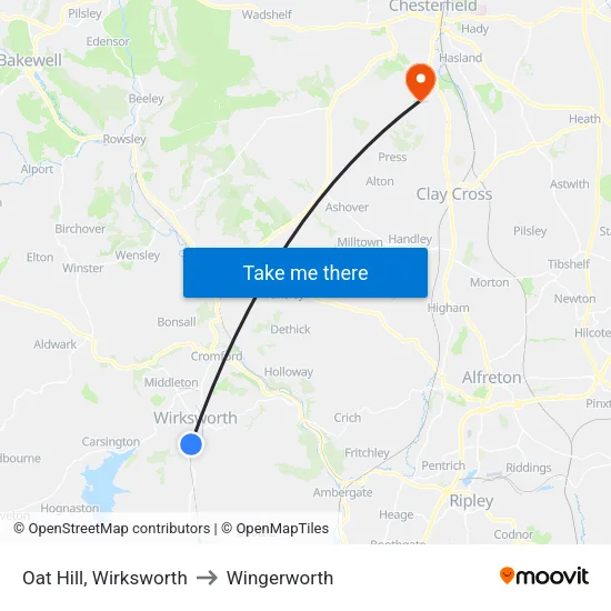 Oat Hill, Wirksworth to Wingerworth map