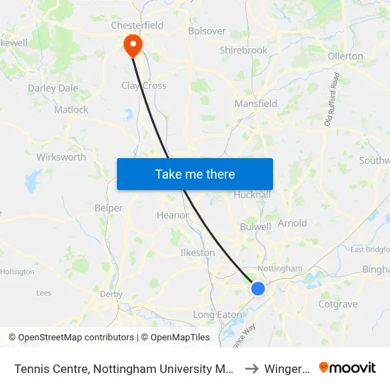 Tennis Centre, Nottingham University Main Campus (Un03) to Wingerworth map