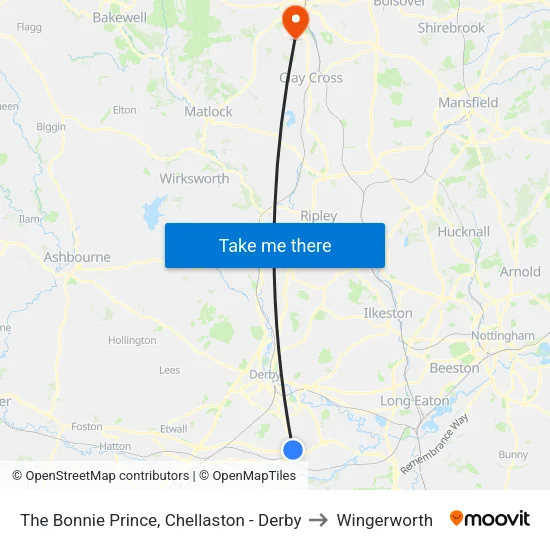 The Bonnie Prince, Chellaston - Derby to Wingerworth map