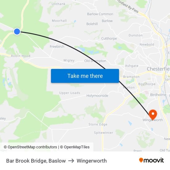 Bar Brook Bridge, Baslow to Wingerworth map