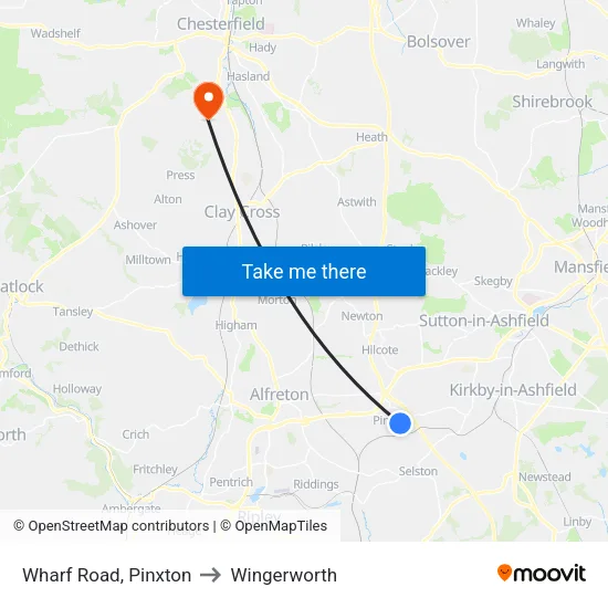 Wharf Road, Pinxton to Wingerworth map