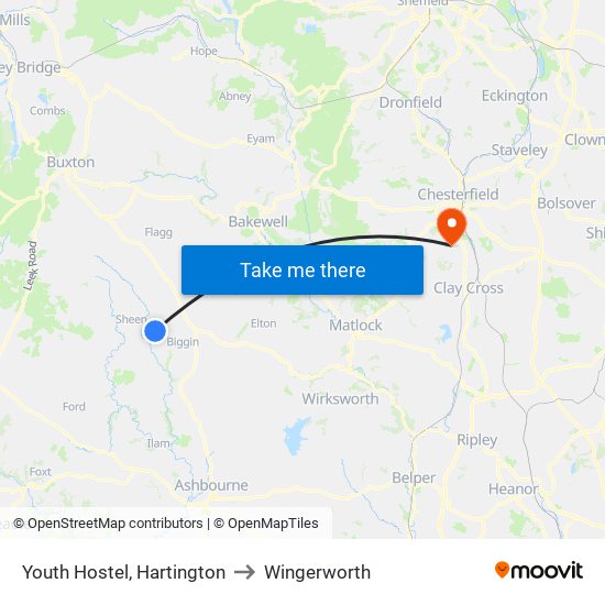 Youth Hostel, Hartington to Wingerworth map