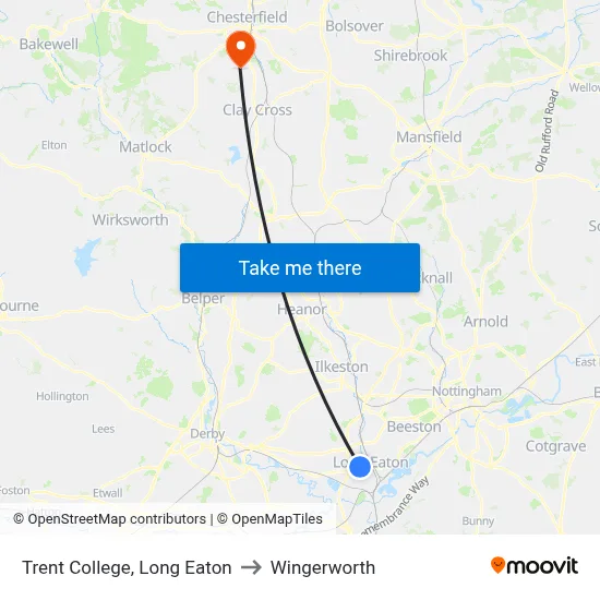 Trent College, Long Eaton to Wingerworth map