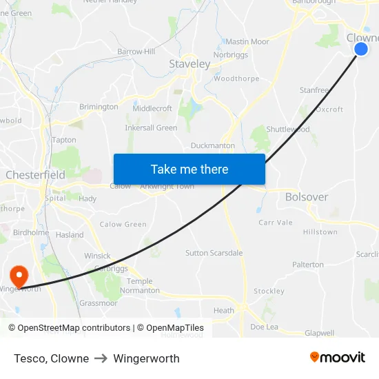 Tesco, Clowne to Wingerworth map