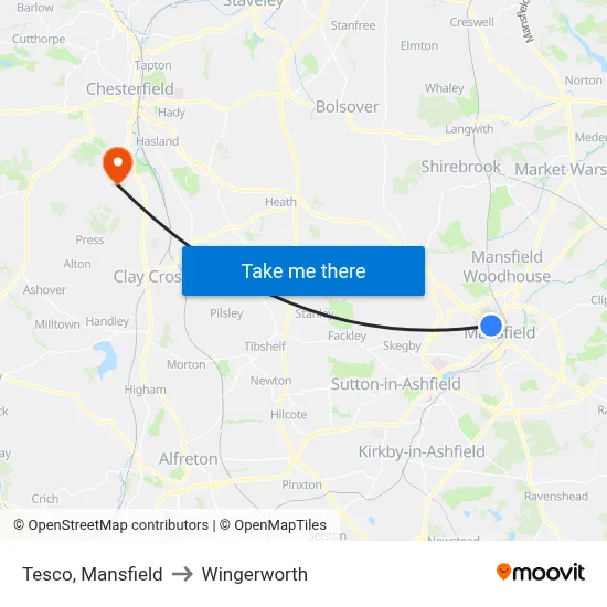 Tesco, Mansfield to Wingerworth map