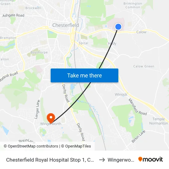 Chesterfield Royal Hospital Stop 1, Calow to Wingerworth map