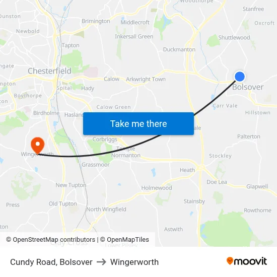 Cundy Road, Bolsover to Wingerworth map