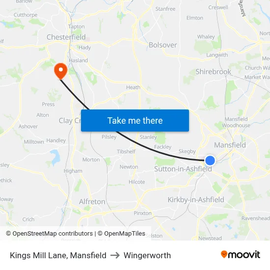 Kings Mill Lane, Mansfield to Wingerworth map
