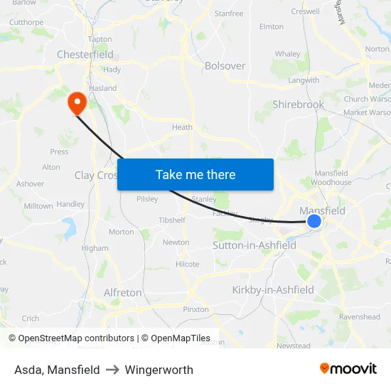 Asda, Mansfield to Wingerworth map