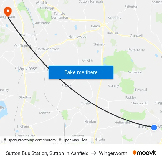 Sutton Bus Station, Sutton In Ashfield to Wingerworth map