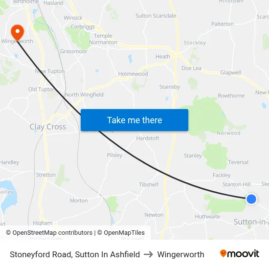 Stoneyford Road, Sutton In Ashfield to Wingerworth map