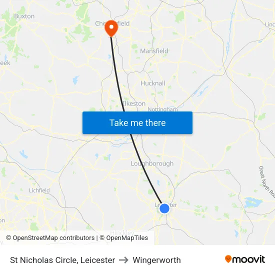 St Nicholas Circle, Leicester to Wingerworth map