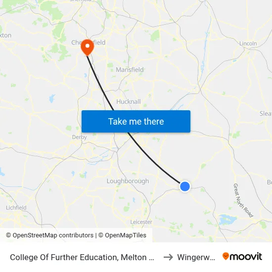 College Of Further Education, Melton Mowbray to Wingerworth map