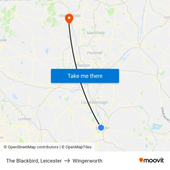 The Blackbird, Leicester to Wingerworth map