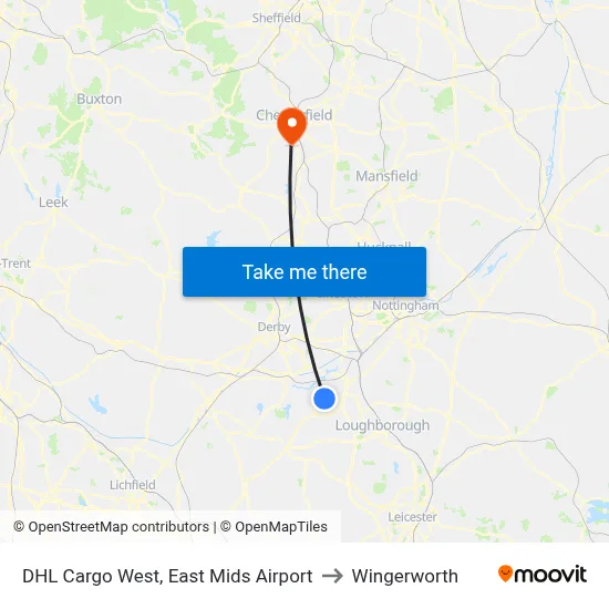 DHL Cargo West, East Mids Airport to Wingerworth map