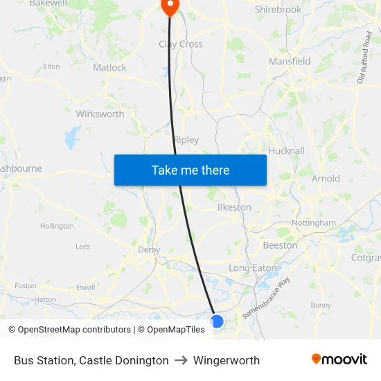 Bus Station, Castle Donington to Wingerworth map