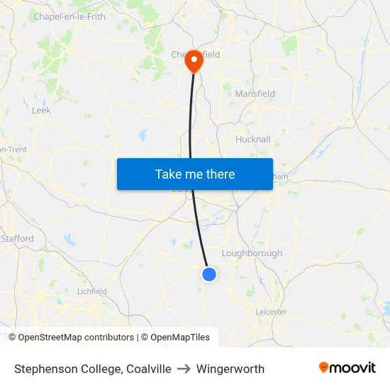 Stephenson College, Coalville to Wingerworth map