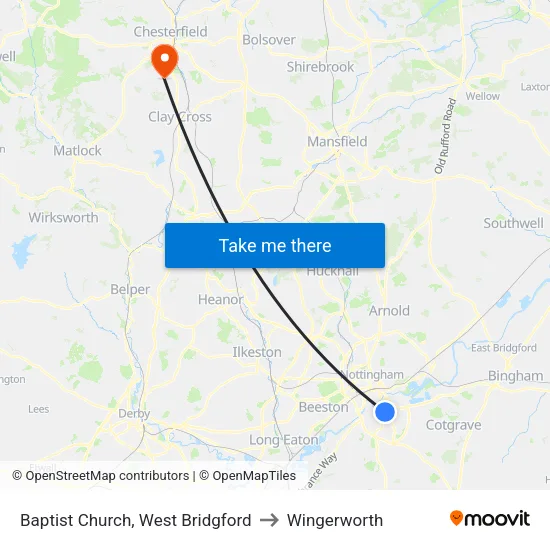 Baptist Church, West Bridgford to Wingerworth map