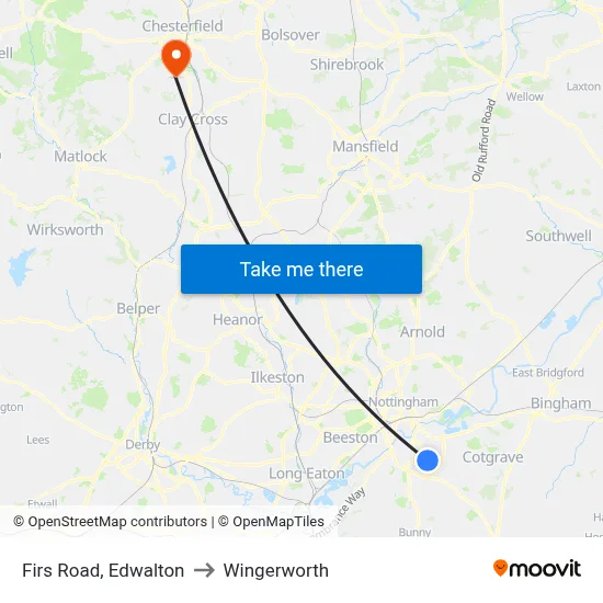 Firs Road, Edwalton to Wingerworth map