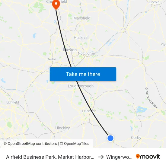 Airfield Business Park, Market Harborough to Wingerworth map
