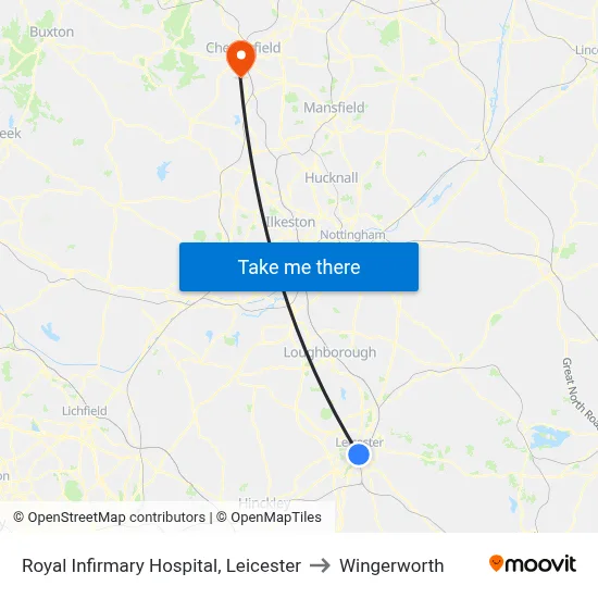 Royal Infirmary Hospital, Leicester to Wingerworth map