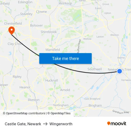 Castle Gate, Newark to Wingerworth map
