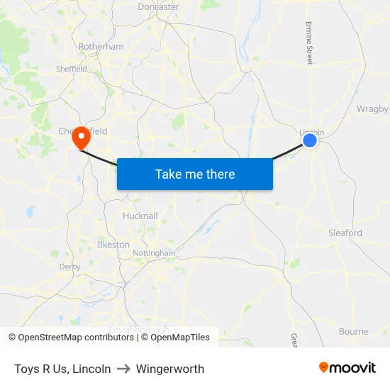 Toys R Us, Lincoln to Wingerworth map