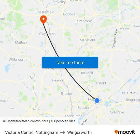 Victoria Centre, Nottingham to Wingerworth map