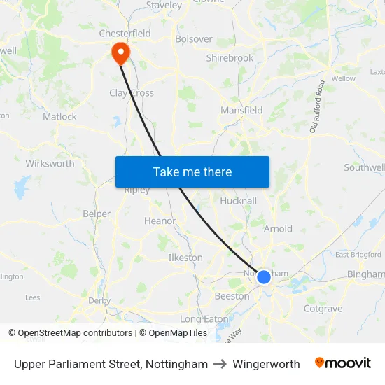 Upper Parliament Street, Nottingham to Wingerworth map