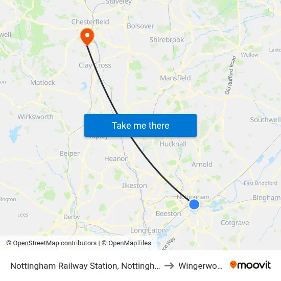 Nottingham Railway Station, Nottingham to Wingerworth map