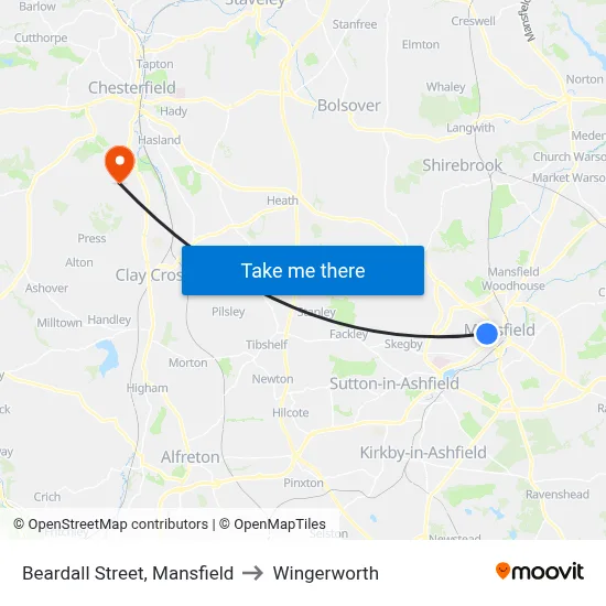 Beardall Street, Mansfield to Wingerworth map