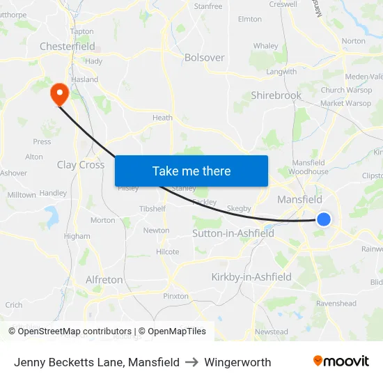 Jenny Becketts Lane, Mansfield to Wingerworth map