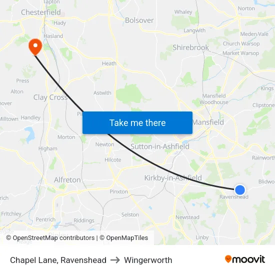 Chapel Lane, Ravenshead to Wingerworth map