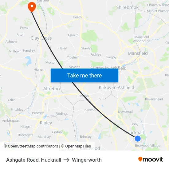 Ashgate Road, Hucknall to Wingerworth map