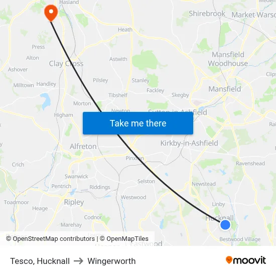 Tesco, Hucknall to Wingerworth map