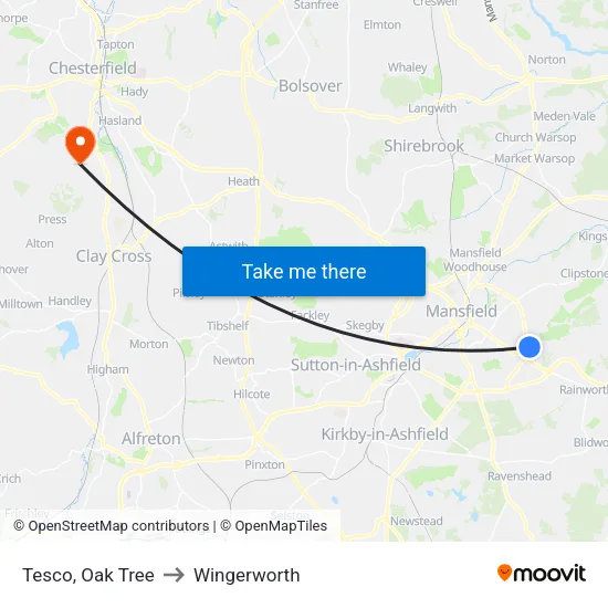 Tesco, Oak Tree to Wingerworth map