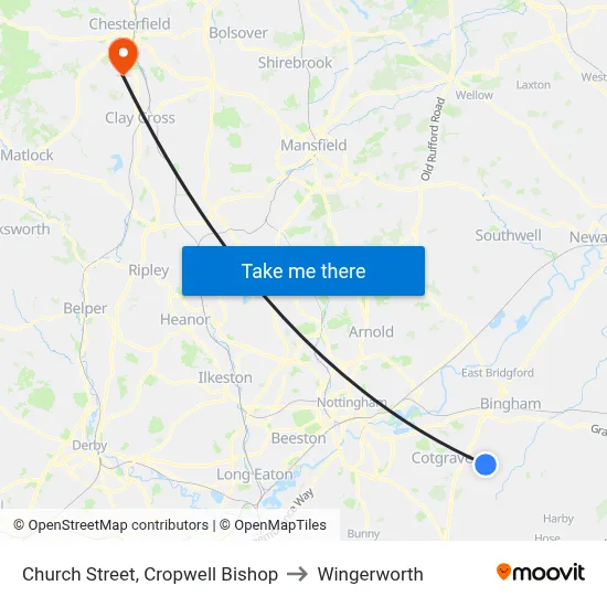 Church Street, Cropwell Bishop to Wingerworth map