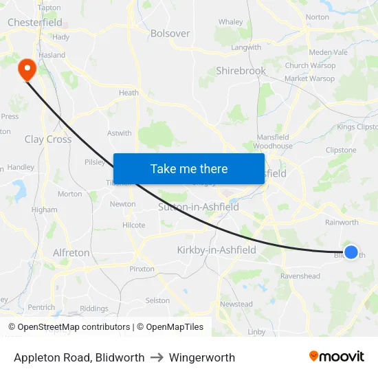 Appleton Road, Blidworth to Wingerworth map