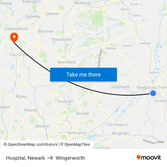 Hospital, Newark to Wingerworth map