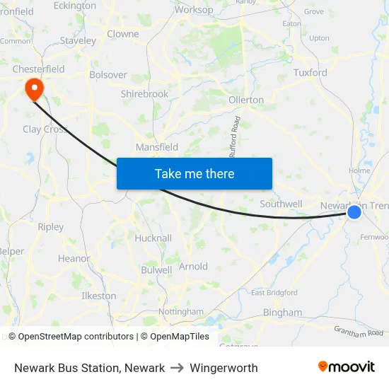 Newark Bus Station, Newark to Wingerworth map