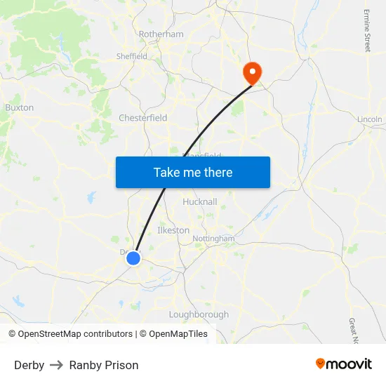 Derby to Ranby Prison map