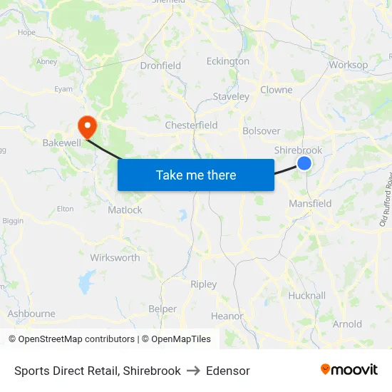 Sports Direct Retail, Shirebrook to Edensor map
