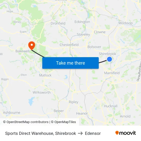 Sports Direct Warehouse, Shirebrook to Edensor map