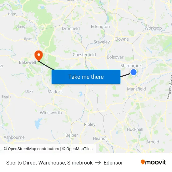 Sports Direct Warehouse, Shirebrook to Edensor map