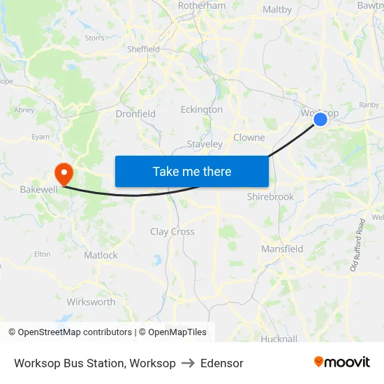 Worksop Bus Station, Worksop to Edensor map