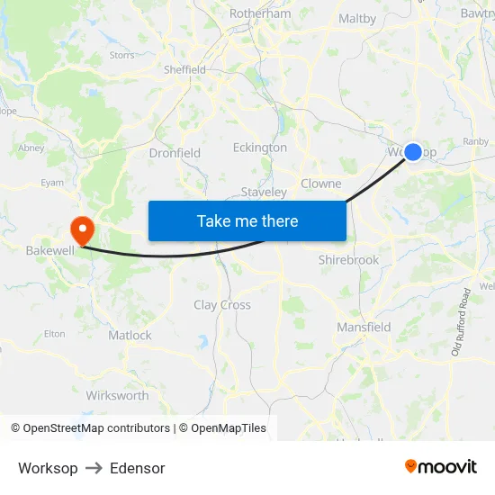 Worksop to Edensor map